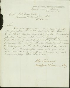 Brief ondertekend J.C. Fremont, Major General Commanding, Hoofdkwartier, Western Department, kamp bij Tipton, aan Kapitein A.H. Foote, U.S.N. Commandant van de Marinekrachten H.D., St. Louis, 11 oktober 1861 door John Charles Frémont