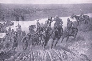 Artillerie die de Caledon oversteekt bij Karreepoort Drift, illustratie uit Na Pretoria: De Guerrillaoorlog, 1902 door John Charlton