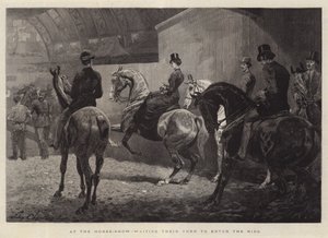 Op de paardenshow, wachten op hun beurt om de ring te betreden