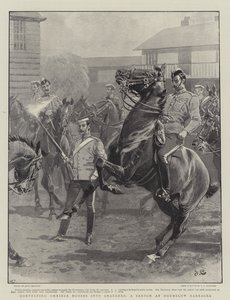 Omnibuspaarden omzetten in rijdieren, een schets bij Hounslow Barracks door John Charlton