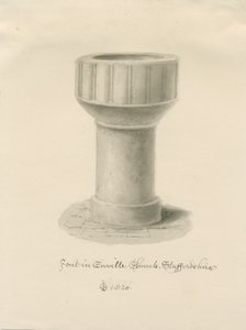 Doopvont in Enville Kerk: sepia tekening, 1820 door John Chessell Buckler
