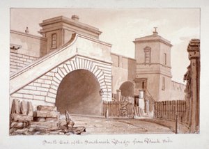 Uitzicht op het zuideinde van Southwark Bridge vanaf Bankside, Southwark, Londen, 1828 door John Chessell Buckler