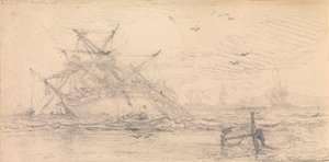 Een tweedeks schip gestrand op een strand