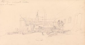 Tekening van Round Tower, haven van Portsmouth door John Christian Schetky