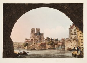 Brug van het Hotel Dieu en de kerk van Notre Dame, illustratie uit Versailles, Parijs en Saint Denis, uitgegeven 1805 door John Claude Nattes
