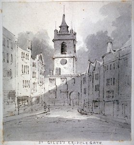 Kerk van St Giles zonder Cripplegate vanaf Fore Street, City of London, 1790
