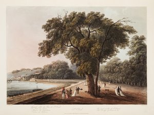 St. Cloud, de grote wandeling van St. Cloud, de brug van Sevres, enz. enz., illustratie uit Versailles, Parijs en Saint Denis, uitgegeven 1805 door John Claude Nattes