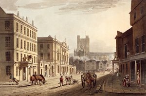 Uitzicht op het Stadhuis, de Markt en de Abdijkerk, uit 