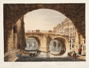 Uitzicht genomen van onder de eerste boog van de brug van het Hotel Dieu, de Kleine Brug, deel van Hotel Dieu, illustratie uit Versailles, Parijs en Saint Denis, uitgegeven 1809