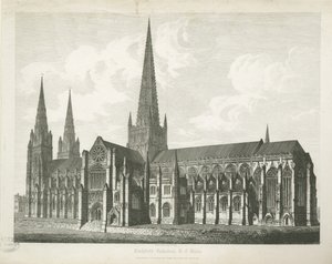 Lichfield Cathedral - Zuidoostaanzicht (gravure) door John Coney