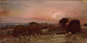 Een Hooiveld bij East Bergholt bij Zonsondergang door John Constable