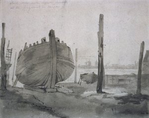 Een rivierscène met schip bij zonsondergang