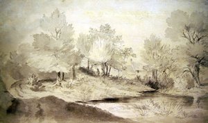 Een vijver in Suffolk, met huisjes in de verte