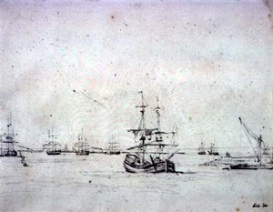 Een brik voor anker en andere schepen in de Theems door John Constable