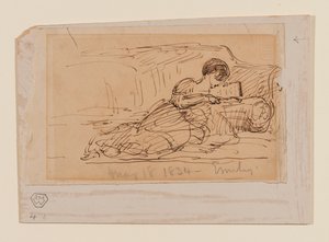 Dochter van de kunstenaar, Emily, liggend op een bank lezend, 18 mei 1834 door John Constable