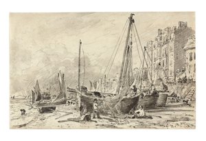 Gestrandde vissersboten met vissers die netten repareren op het strand van Brighton, kijkend naar het westen, ca. 1824-28
