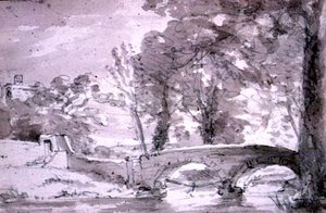 Brug met bomen en gebouwen, bij Haddon
