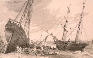 Kustscène van Brighton met twee schepen op de voorgrond, 30 mei 1828