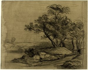 Rivieroever met bomen (recto); kudde vee onder bomen, met inzet van een schets van het landschap (verso) door John Constable