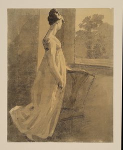 Vrouw rustend tegen een stoel en kijkend door een raam, recto, ca. 1806