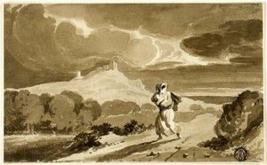 Vrouw met baby vlucht over heidevelden door John Constable