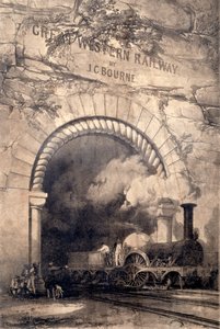Acheron 2-2-2 locomotief die uit een tunnel bij Bristol komt, frontispice van The History and Description of the Great Western Railway, 1846