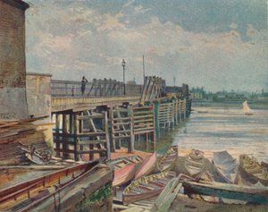 Oude Battersea-brug, vanaf de noordelijke oever, kijkend over de rivier de Theems, Londen, 1885-1926 door John Crowther