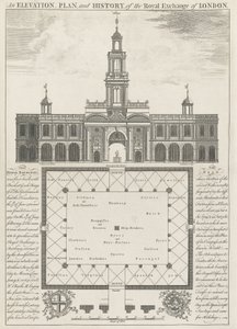 Een Elevatie, Plan en Geschiedenis van de Royal Exchange van Londen