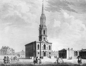 Noordwestelijke aanzicht van de kerk van St. Giles in the Fields, 1753 door John Donowell