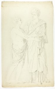 Oude sculptuur van staande vrouw en jongen