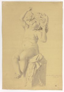 Antiek standbeeld van zittende putto met masker van Silenus