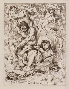 Liggende Figuur met Kruis, de Duivel Zittend nabij Omringd door Zwevende Figuren door John Duncan