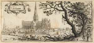 Twee figuren bij een grote boom rechts op de voorgrond; de stad Chichester in de verte; de stadsmuren door het tafereel; Chichester Cathedral in het midden, ca. 1660 (ets)