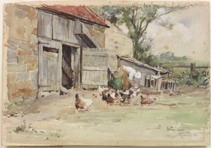 De kippen voeren, 1909 door John Edgar Mitchell