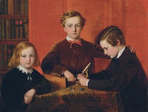 De Jonge Microscopisten: Portret van Frank, Harry en Arthur Izod Richards, 10, 8 en 5 jaar oud, die met een Microscoop Spelen door John Edgar Williams