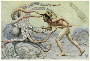 Hij was erg dapper en sterk, en vocht met de grote octopus uit The Great Sea Horse, uitgegeven 1909 door John Elliot