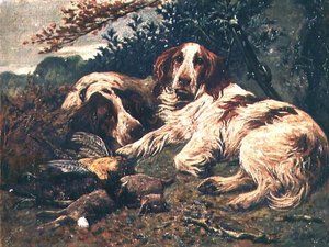 Een Paar Lever- en Witte Clumber Spaniels bij de Dagelijkse Buit door John Emms