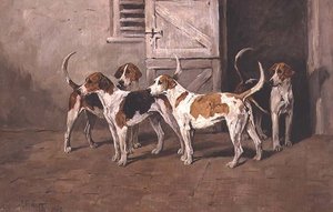 Vier honden bij een staldeur door John Emms