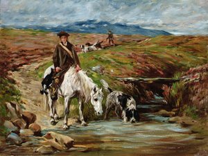 Paard en Spaniel Drinken uit een Stroom door John Emms