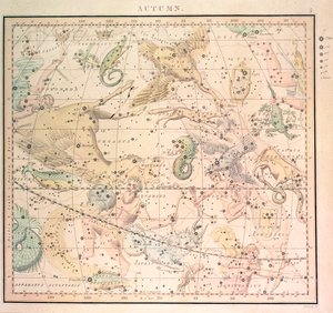 Hemelkaart: Herfst, met sterrenbeelden en posities van de sterren (gravure) door John Emslie