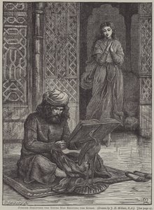 Zobeide ontdekt de jongeman die de Koran reciteert (gravure)