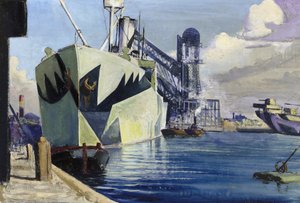 Dock Canada in Liverpool, met een verankerd oorlogsschip, geschilderd met kleurrijke camouflage