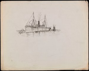 Stoomschip nabij een kust met sleepboot naast. Passagiersschip met sleepboot en raderstoomboot Tilbury in de buurt door John Everett