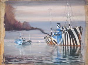 S.S. Lepanto en een ander stoomschip, beide in camouflage, voor anker in kalm water