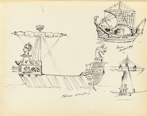 Schets van een Romeins oorlogsschip, deel van een Romeins koopvaardijschip en een schip met zeil, begin 20e eeuw door John Everett