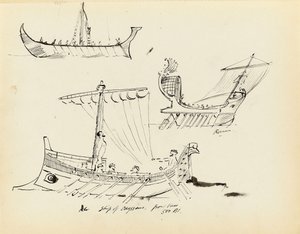 Schetsen van vroege schepen, waaronder een Romeins zeil- en roeivaartuig en schip van Odysseus, 500 v.Chr. door John Everett