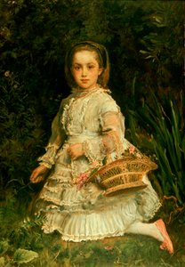 Portret van Gracia, in een witte jurk, wilde bloemen plukkend