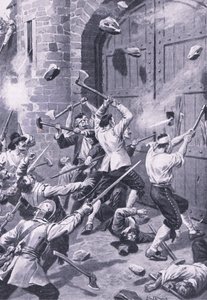 De plundering van Dundee 1 september 1651: Engelse zeelieden vallen de Wellgate Port aan, illustratie uit 