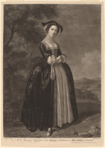 Mevrouw Margaret Woffington in de rol van mevrouw Ford in de Vrolijke Vrouwtjes van Windsor door John Faber II after Edward Haytley