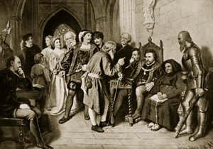 James IV in raad voor de Slag bij Flodden, 1513, illustratie uit 